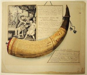 Rufus Alexander Grider, The Daniel Higbe Powder Horn, 1891. Watercolor, ink and wash, gouache, graphite, and gold metallic pigment. New-York Historical Society.