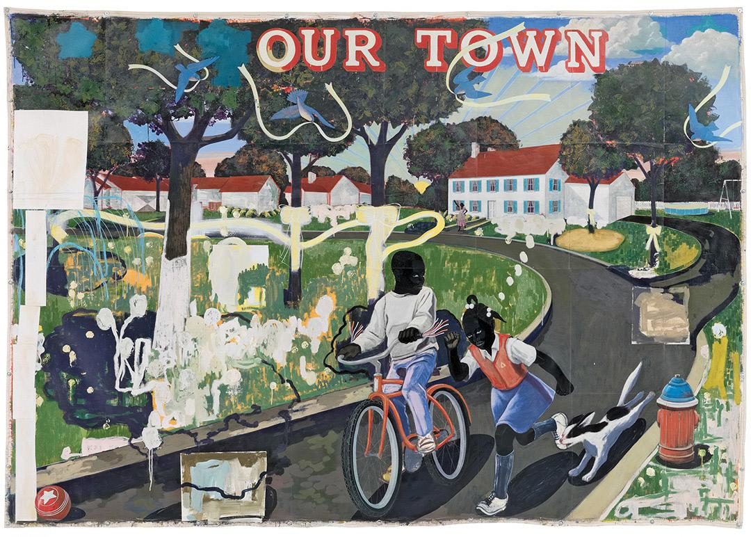 Colorful painting of children and dog playing in a suburban neighborhood with 