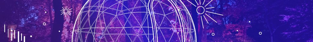 Glowing geometric dome with lines, set against colorful forest, featuring abstract designs.