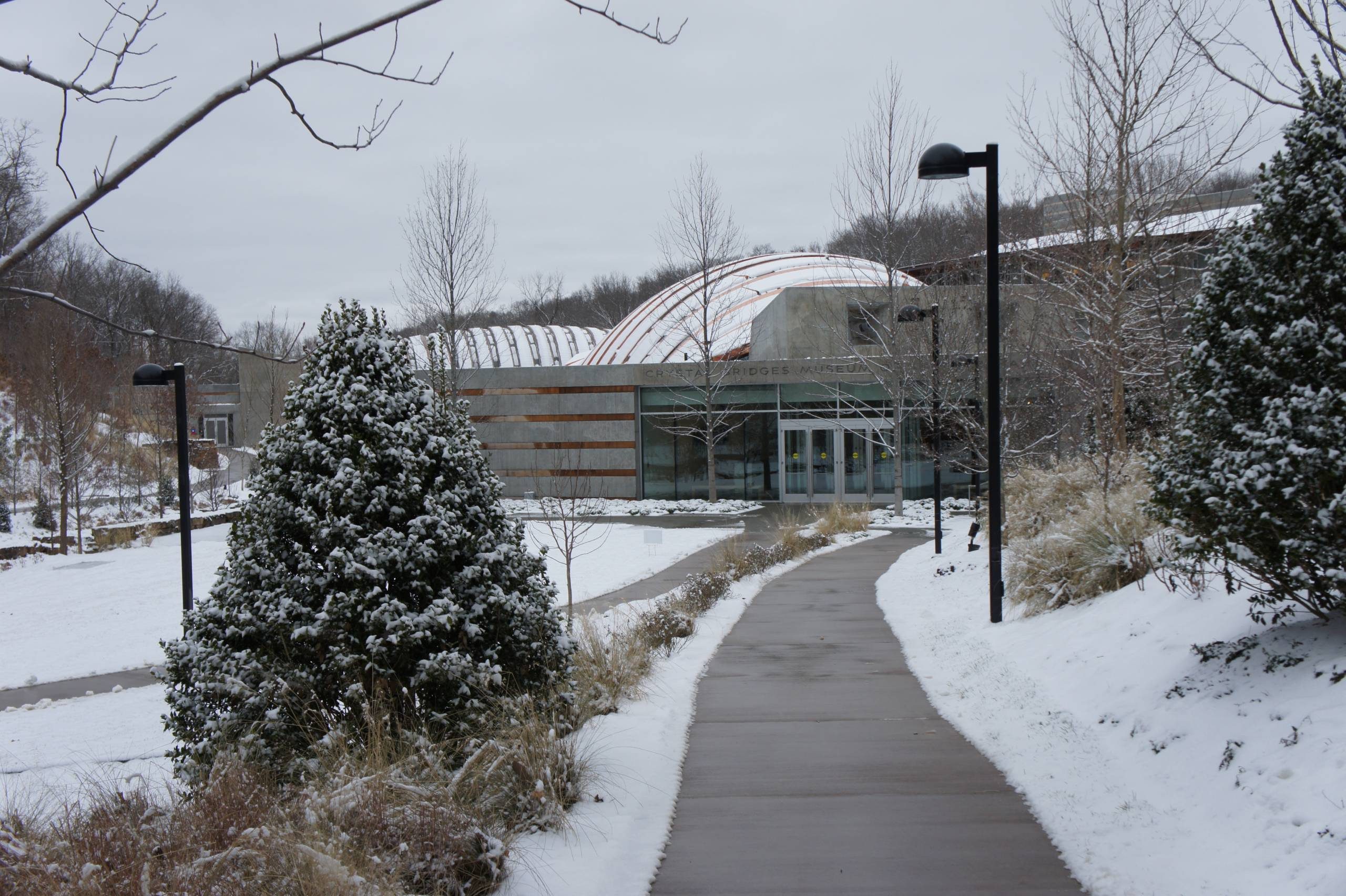 Snowy path leads to modern dome building, surrounded by bare trees and snow-covered shrubs.