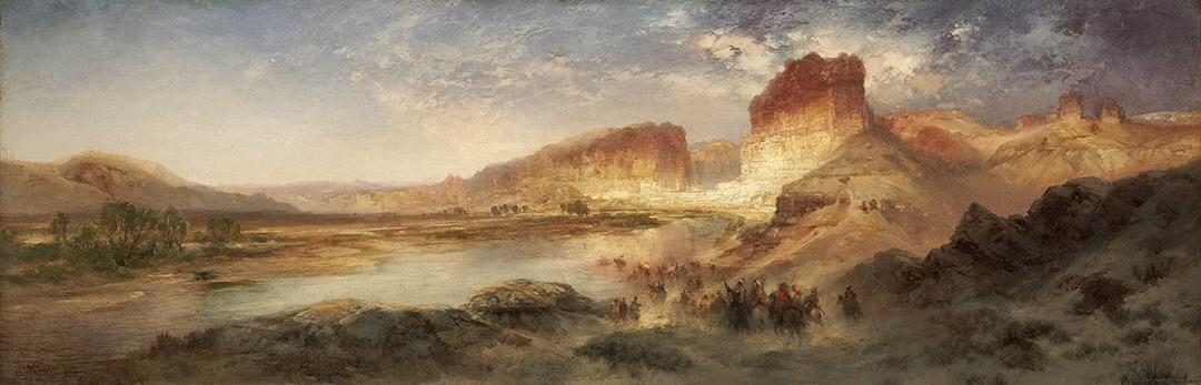 Western landscape painting with red rock formations, river, horseback riders, and partly cloudy sky.