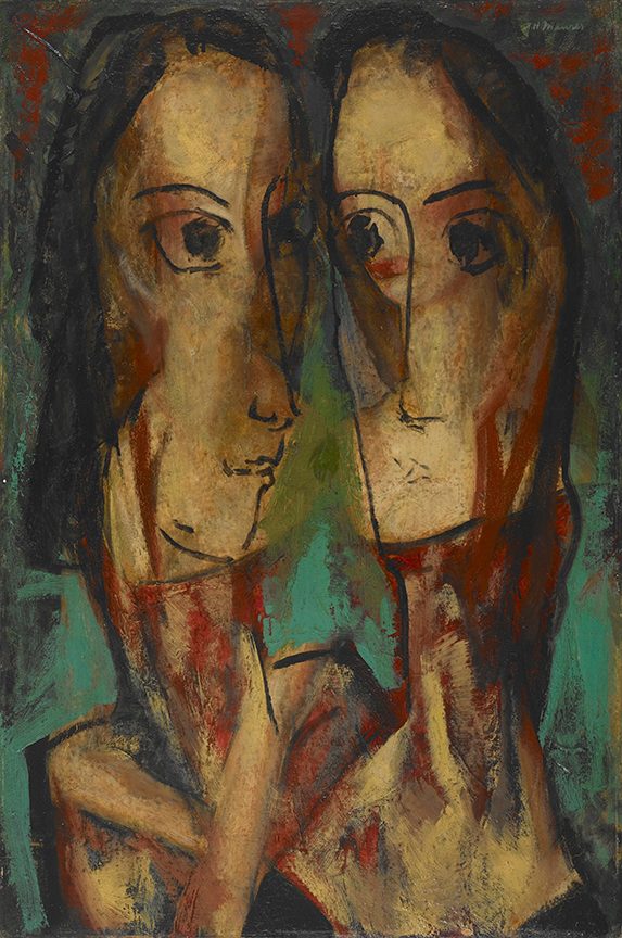 Abstract painting with two overlapping stylized faces in earthy tones on a textured background.