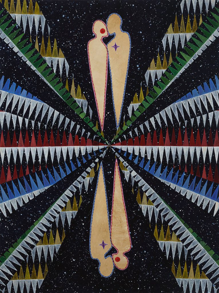 Abstract with two mirrored figures, geometric patterns, and starry backdrop.