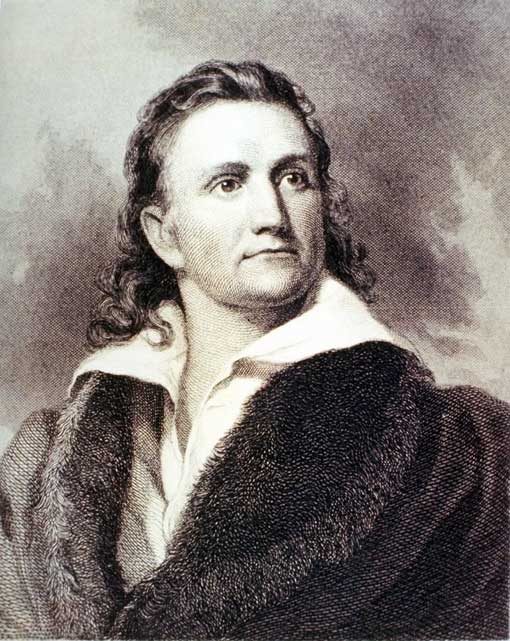Monochrome illustration of a man with wavy hair, fur-trimmed garment, gazing upward.