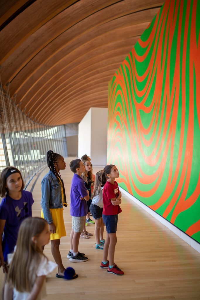 a group of elementary and middle school students look at Sol Lewitt's Wall Drawing Loopy Doopy in the modern art gallery