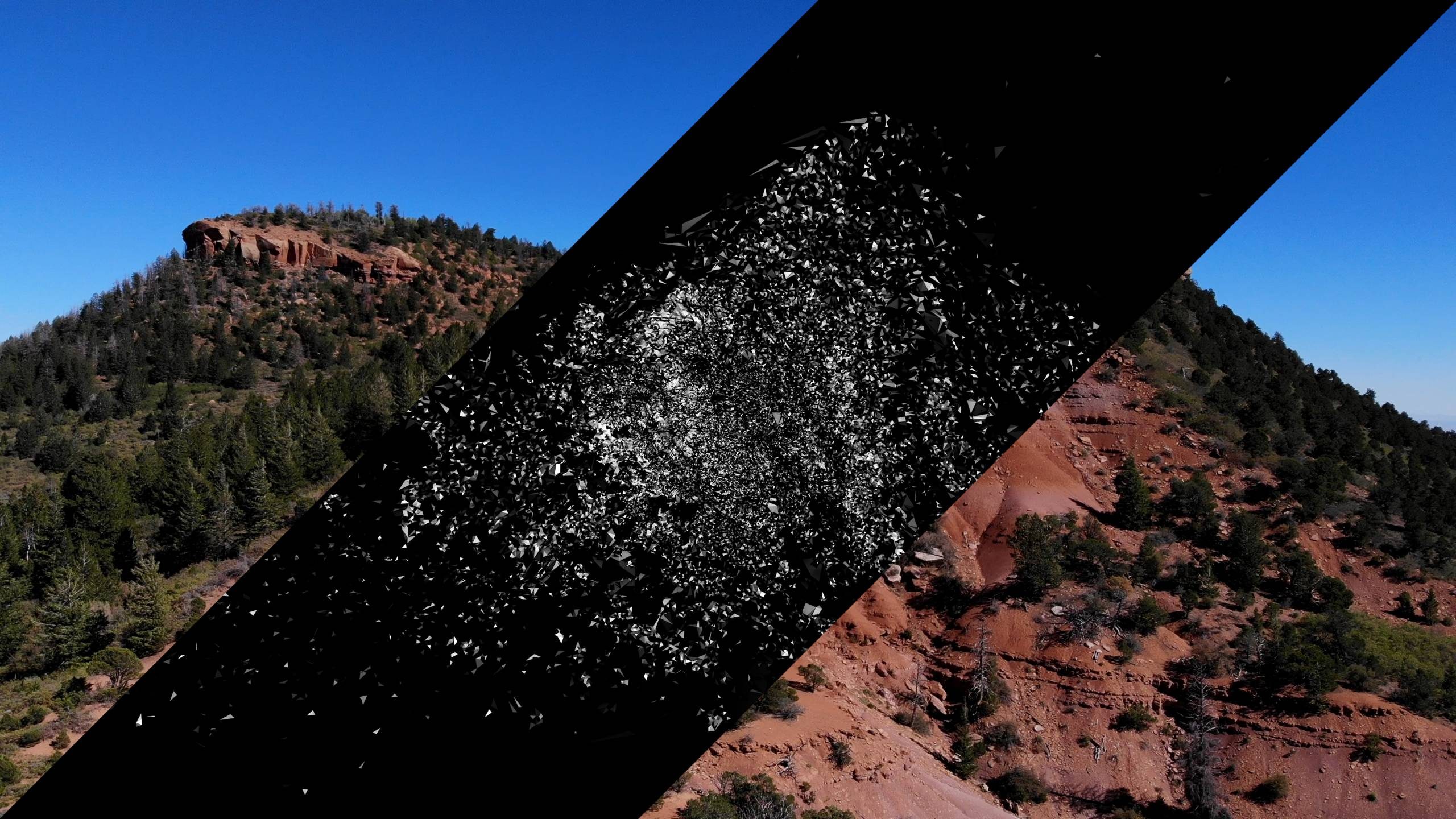 Hilly terrain with trees and rocks intersected by a diagonal black fractal pattern under blue sky.