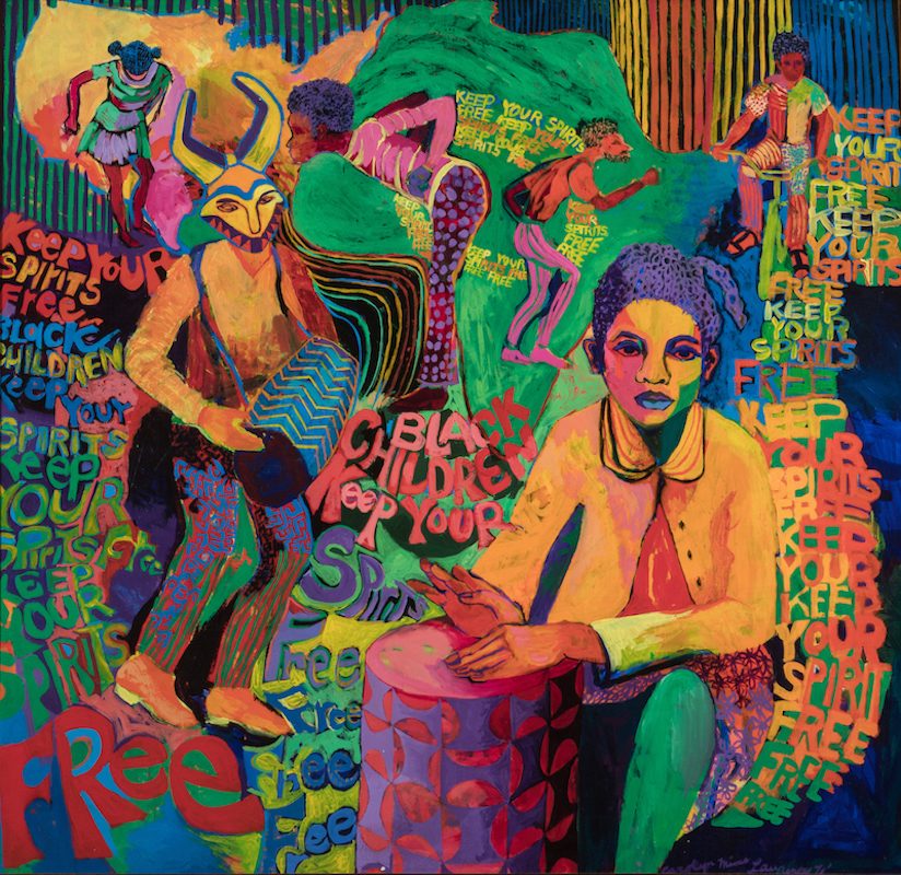 Vibrant painting of individuals with drums, dancing, and lively text promoting freedom and expression.
