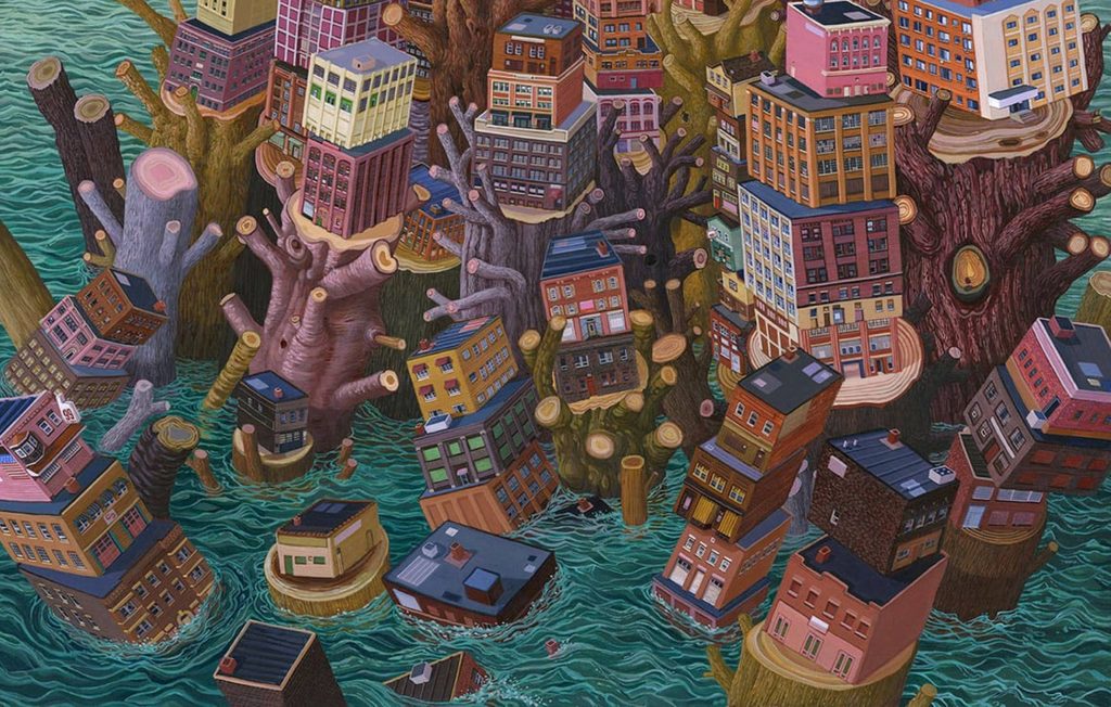 Surreal scene of buildings on tree stumps in swirling water.