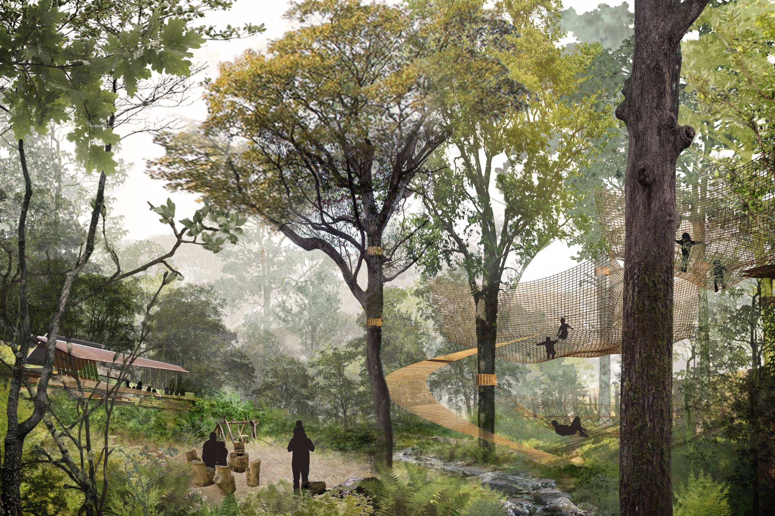 Forest scene with a wooden canopy walkway and people silhouettes among lush trees and stream.