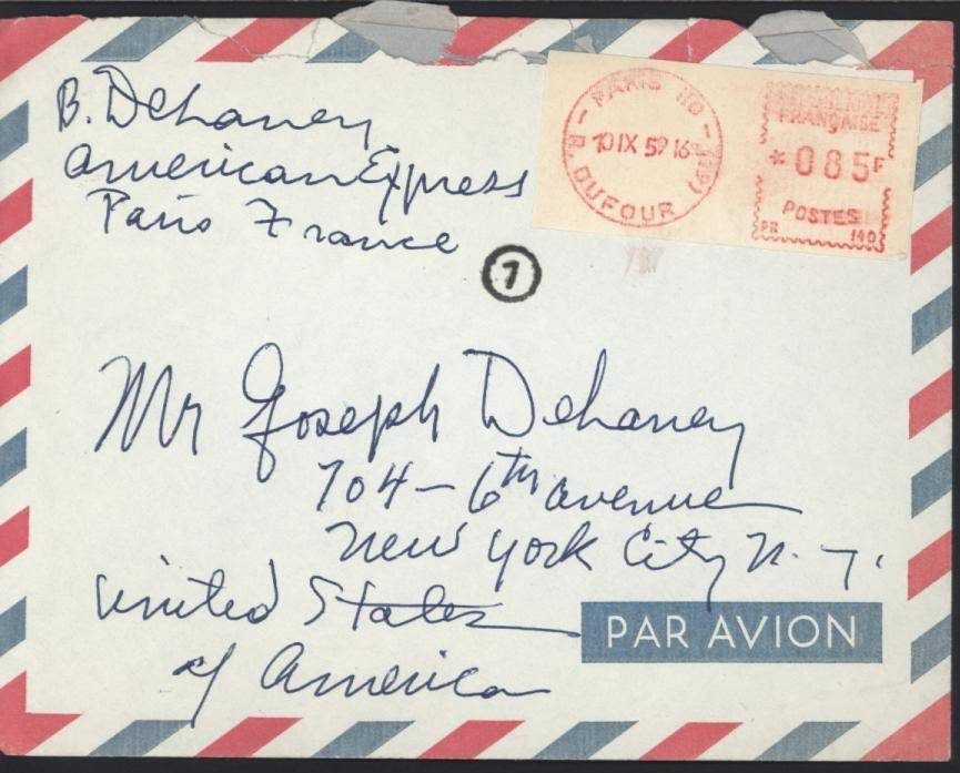 a postcard addressed to joseph delaney written in blue ink and cursive