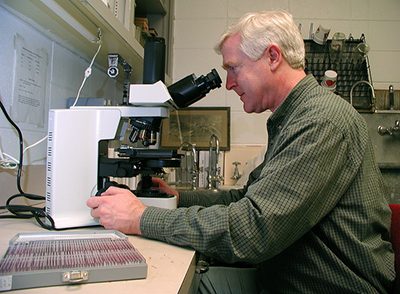 a man with white hair looks into a microscope