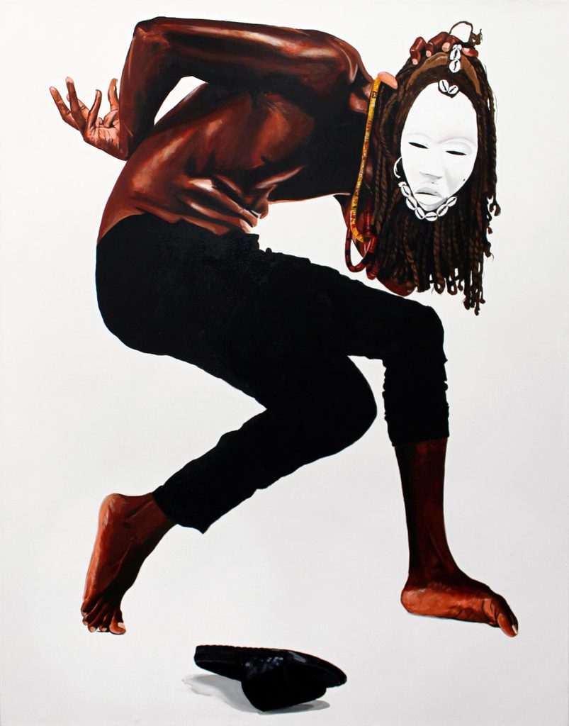 Painting of a black man wearing a white mask