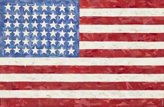 Jasper Johns, b. 1930<br />Flag, 1983<br />Encaustic on silk flag on canvas<br />Crystal Bridges Museum of American Art, Bentonville, Arkansas