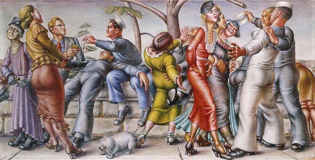 the painting called the fleet's in by paul cadmus featuring sailors, men, and women smoking and talking on a stone ledge