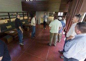 Curatorial Assistant Dylan Turk leads a preview tour of the Bachman-Wilson House. Photo by Marc F. Henning Frank Lloyd Wright-Bachman House tours for donors and sponsor on Tuesday, Oct. 6, 2015, at Crystal Bridges Museum of American Art in Bentonville, Ark.