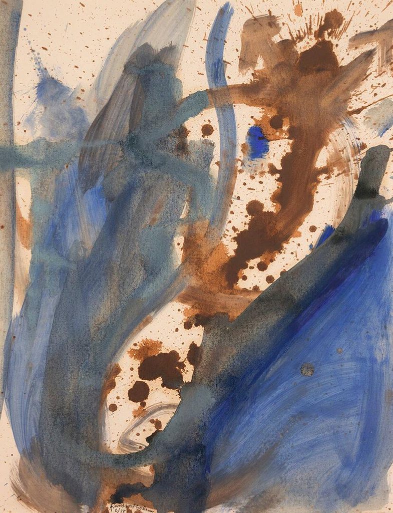 Various shades of blue, brown, and black paint across paper