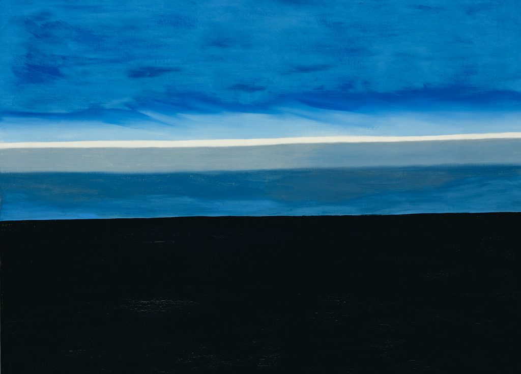 Painting with black foreground, thin white line, and a gradient blue sky with clouds.