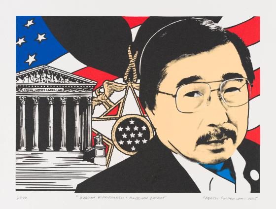 colored lithograph work featuring a man of japanese american descent on the right side, a star in the middle, and the supreme court building on the left side with the american flag in the background