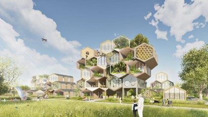 Rendering of an apartment complex structure formed out of honeycomb hexagons and green space against a blue sky background