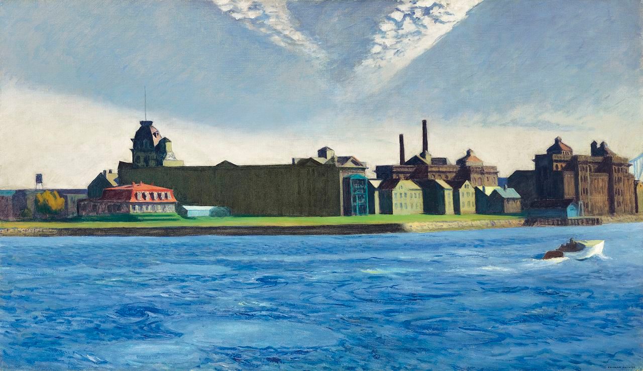 Waterside scene with industrial complex, smokestacks, and motorboat under a cloudy sky.