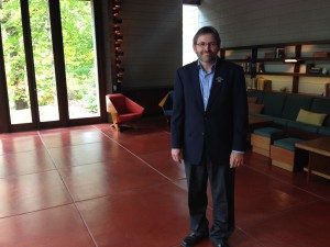 Volunteer Guide Kelly welcomes you to Frank Lloyd Wright's Bachman-Wilson House. 