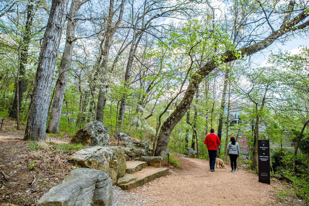 Couple walks dog on gravel path in forest with spring foliage and North Forest Trail sign.