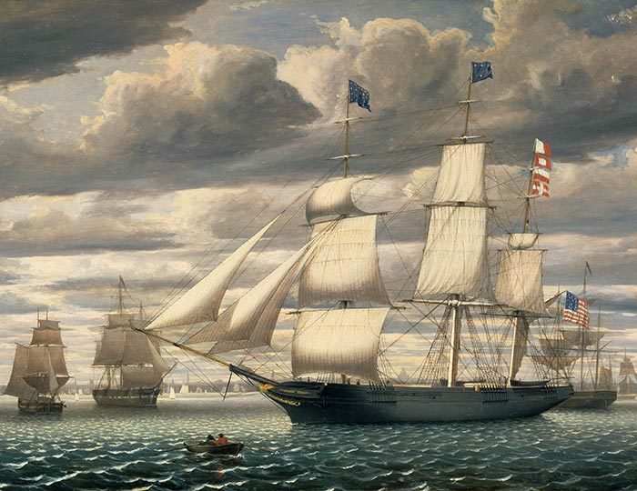 19th-century painting of sailing ships on a calm sea, partly cloudy sky, flags, and a rowboat.