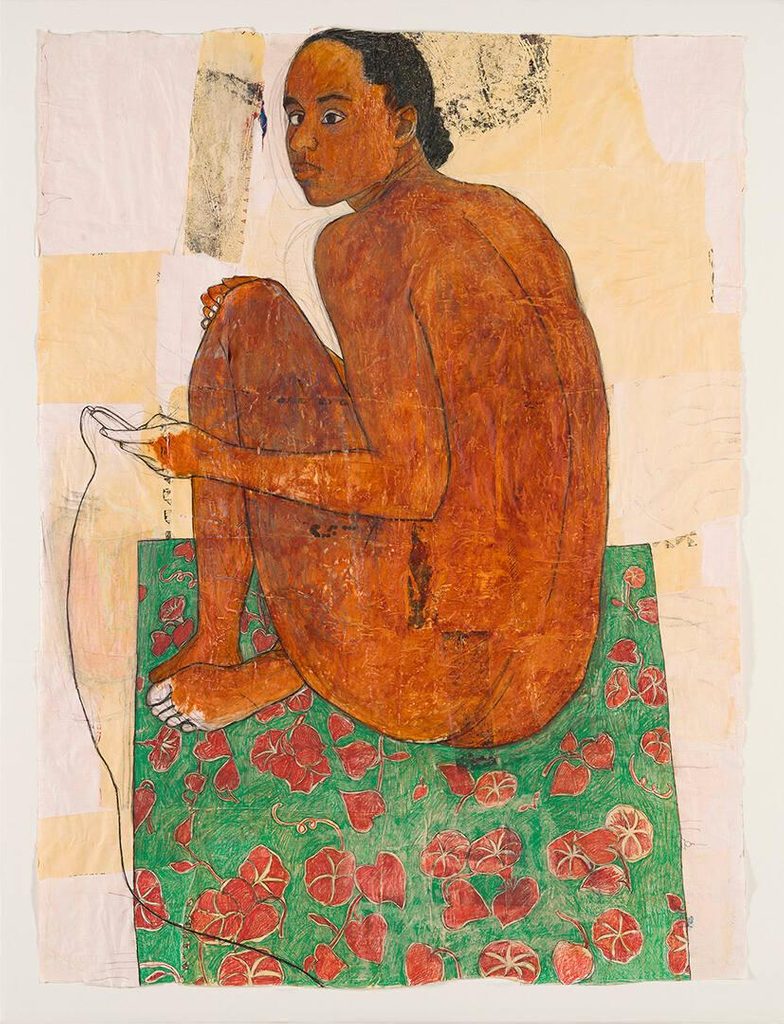 a colored pencil work featuring a young woman sitting on a green carpet holding a phone in her hand with her back turned to the audience and her head turned back to look at us