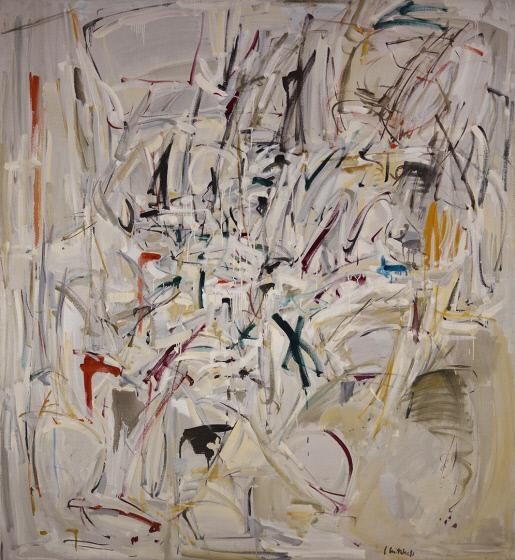 Abstract painting with dynamic lines, shapes, and colors including white, black, red, yellow, blue.