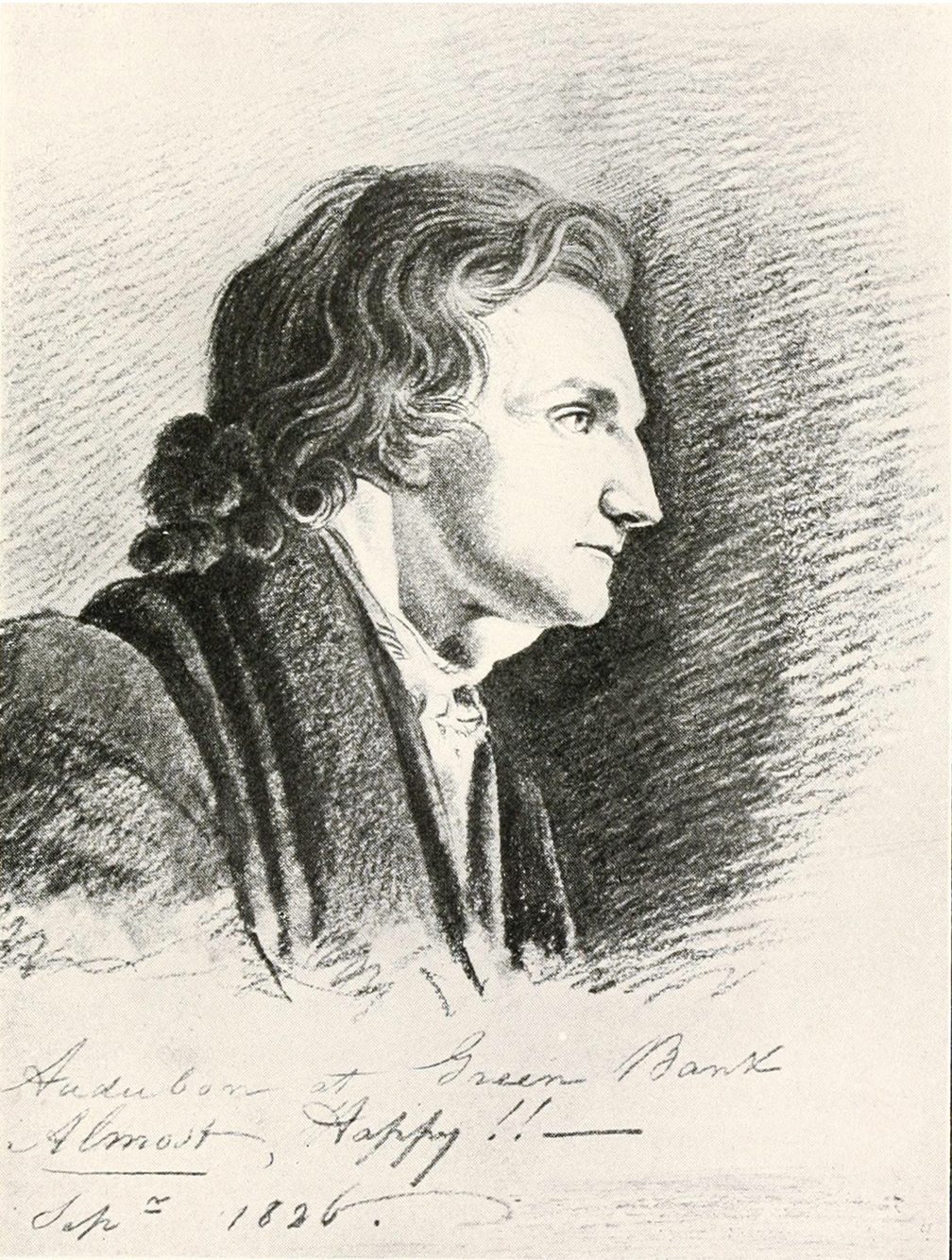 Black and white sketch of a man in profile with wavy hair, wearing a coat, handwritten notes below.