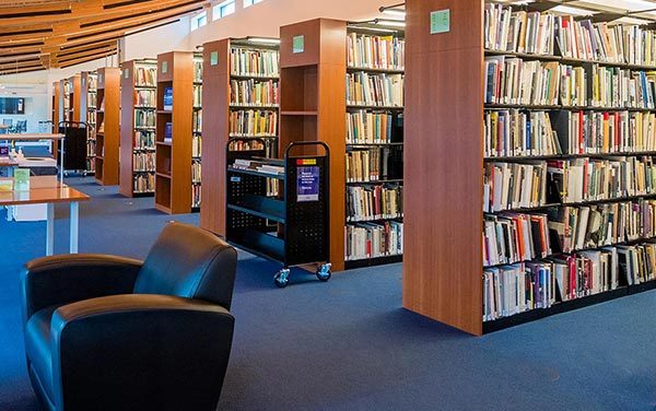 Library interior with bookshelves, book cart, chair, table, blue carpet, and wooden shelves.