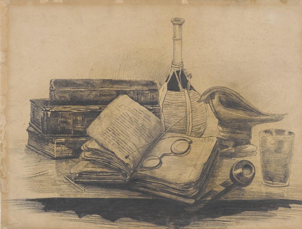 graphite and ink still life of a desk populated by a stack of books, a bottle of chianti, a bird statue, a cup, and a pair of bifocals on top of an open book