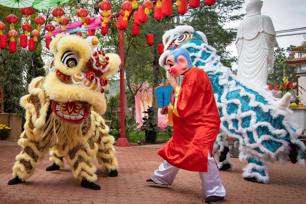 a person in a yellow lion costume on the left and another person in a red and white outfit with a fake head