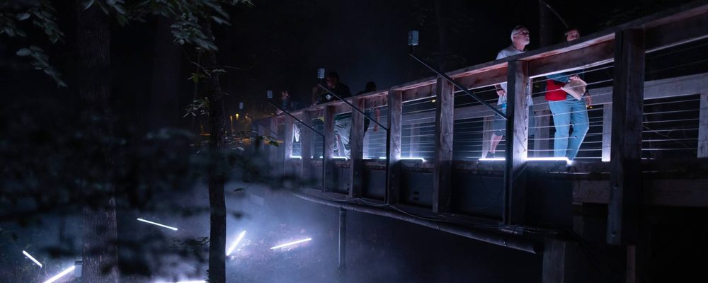 People stand on a bridge at night looking out onto a ravine lit with bright white lights.