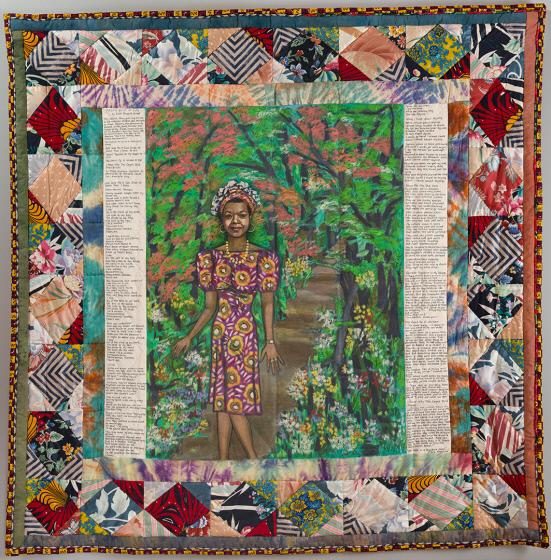 Quilt with a vibrant dress illustration, lush garden, text, and geometric patterned border.