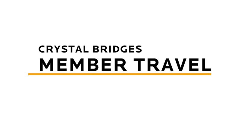 Crystal Bridges Member Travel text, bold with orange line on white background.