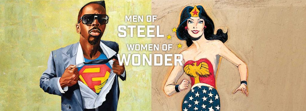 Artwork of a man revealing superhero suit, woman in Wonder Woman outfit, text 