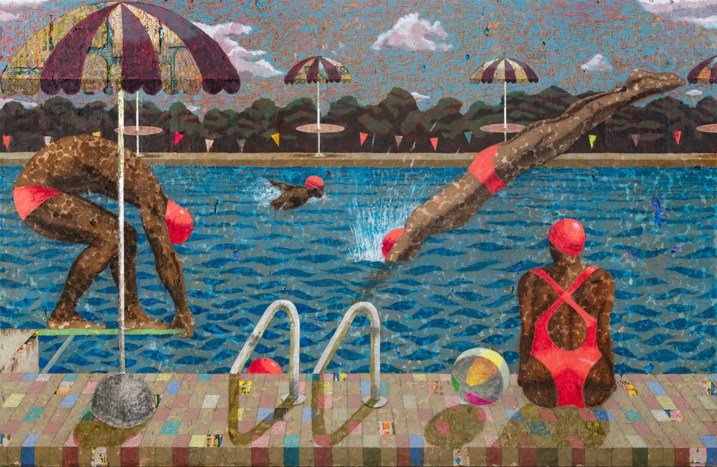 Mosaic-style artwork of people in red swimwear at a pool, diving and sitting by poolside.