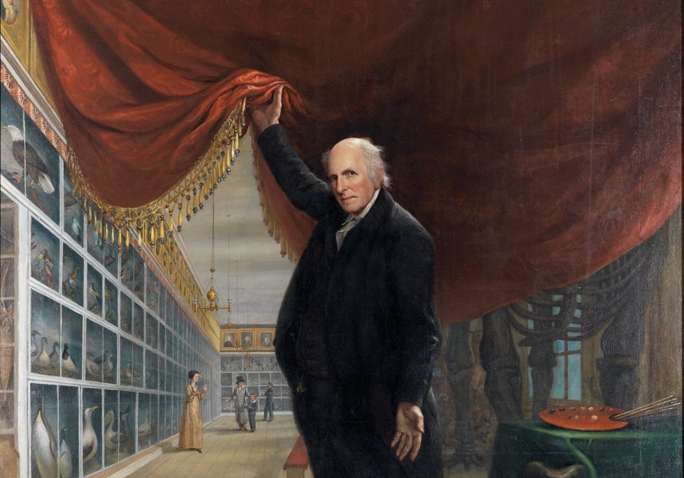 Man holding red curtain in gallery, revealing display shelves, chandelier, and people conversing.