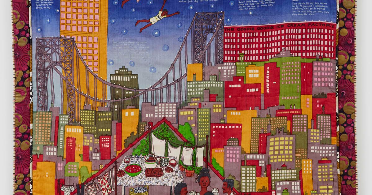 Colorful cityscape at dusk with rooftop meal, people, and flying figures above bridge.