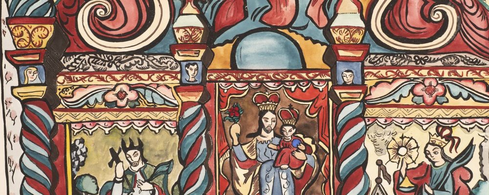 Colorful religious scene with crowned figures, ornate patterns, floral designs, and columns.