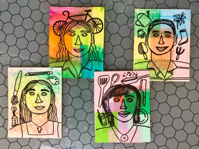 Four colorful portraits on hexagonal pattern, featuring hobbies like biking, cooking, and art.