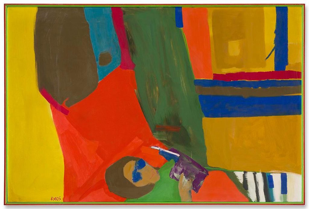 Abstract painting of a person reading, with bold shapes and vibrant colors like red, green, and blue.