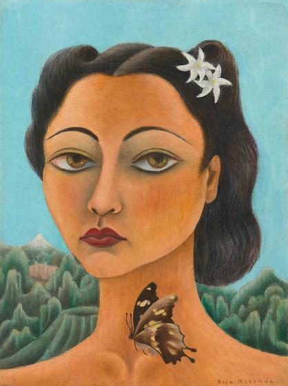 Portrait of woman with butterfly at her neck and white flowers in her hair