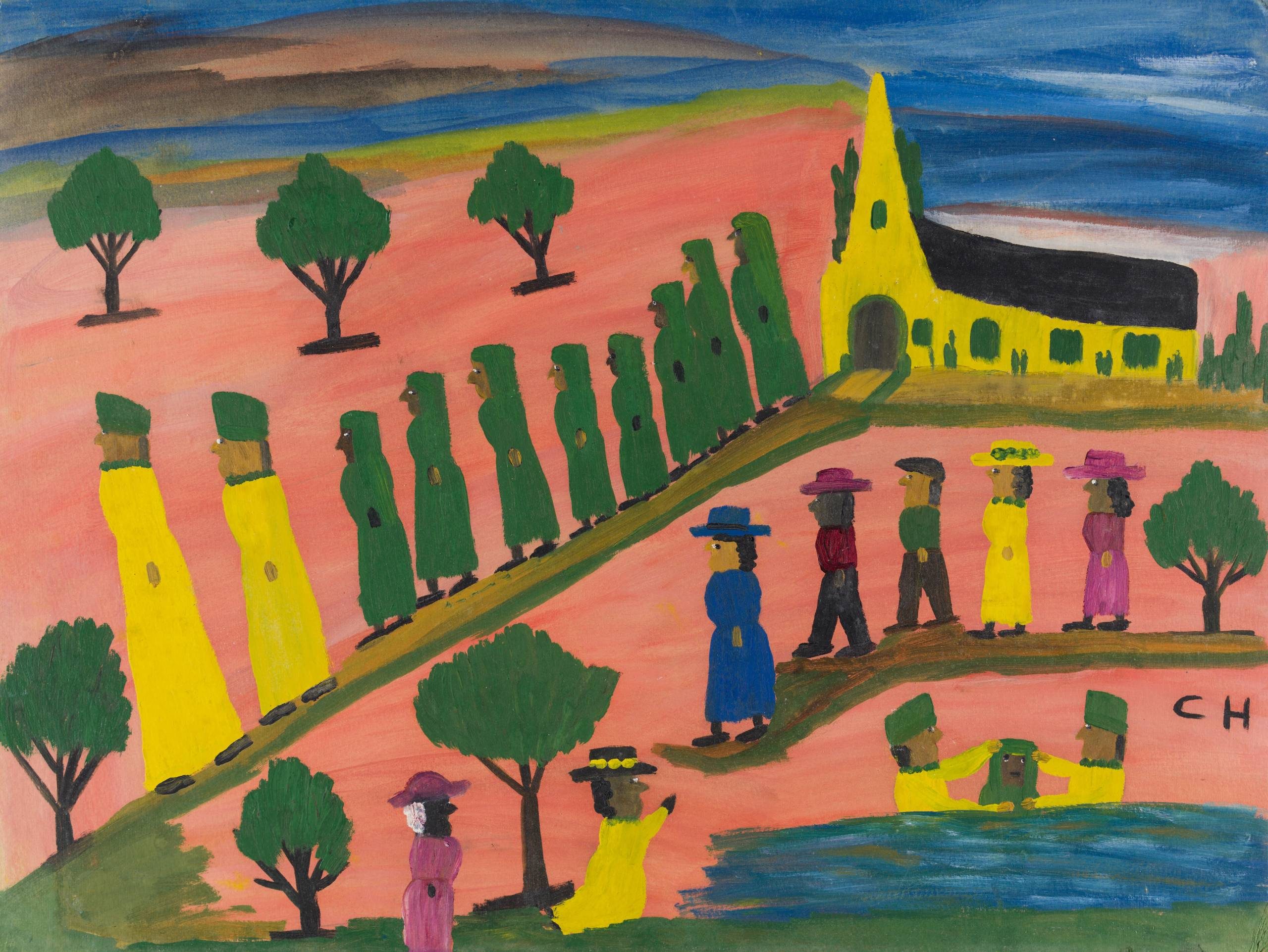 Group of people walking towards a church, trees in background, near a body of water.