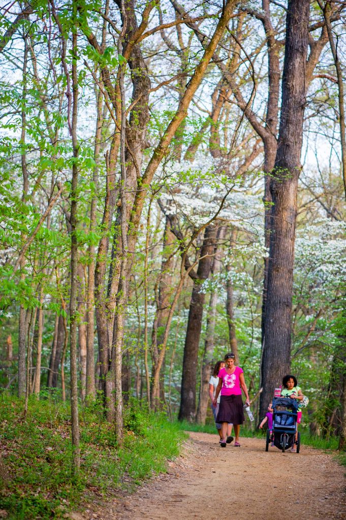 Una mujer con un niño y una carriola en un camino de tierra en el bosque, rodeado de follaje verde y árboles.