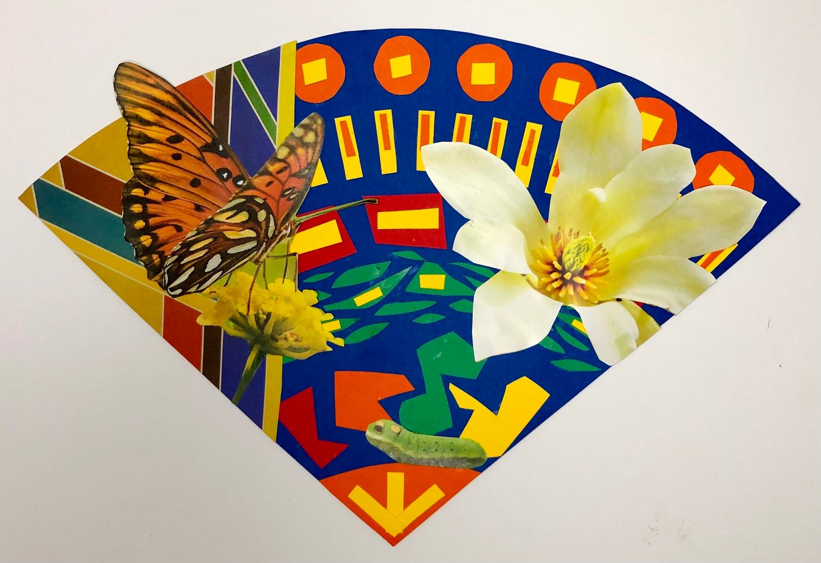Colorful collage with butterfly, yellow and white flowers, caterpillar, geometric background.