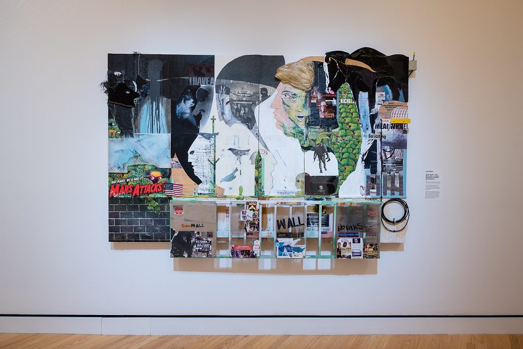 Larry Walker, Tweet, Tweet…Look Who’s Here…or Aliens, Wall Spirits and Other Manifestations, 2017, diptych: Acrylic and various material on panel, 62 × 98 × 3 in., courtesy of the artist and Mason Fine Art Gallery. Photo by Ironside Photography / Stephen Ironside.