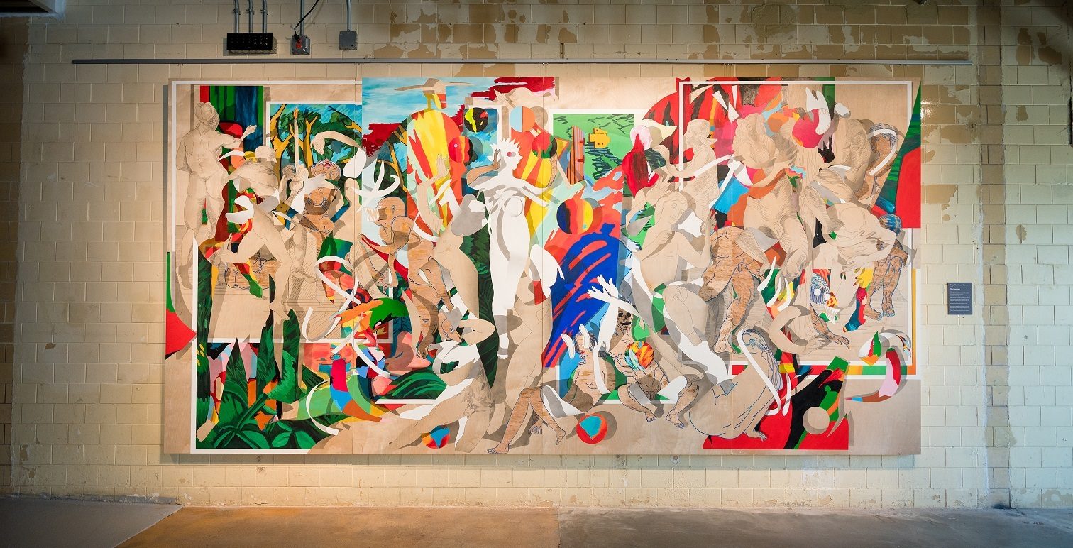 Diego Rodriguez-Warner, born 1986, The Fountain, 2019, latex paint, acrylic paint, spray paint, graphite and hand-carved relief on panel, 96 in. × 16ft. × 3 in. (243.8 × 487.7 × 7.6 cm), courtesy of the artist. Photo by Ironside Photography / Stephen Ironside.