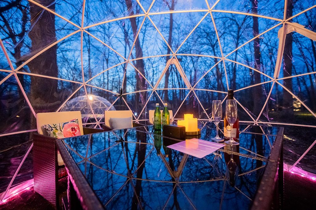 Geodesic dome in woods with dining setup, candles, drinks, reflective table, evening sky view.